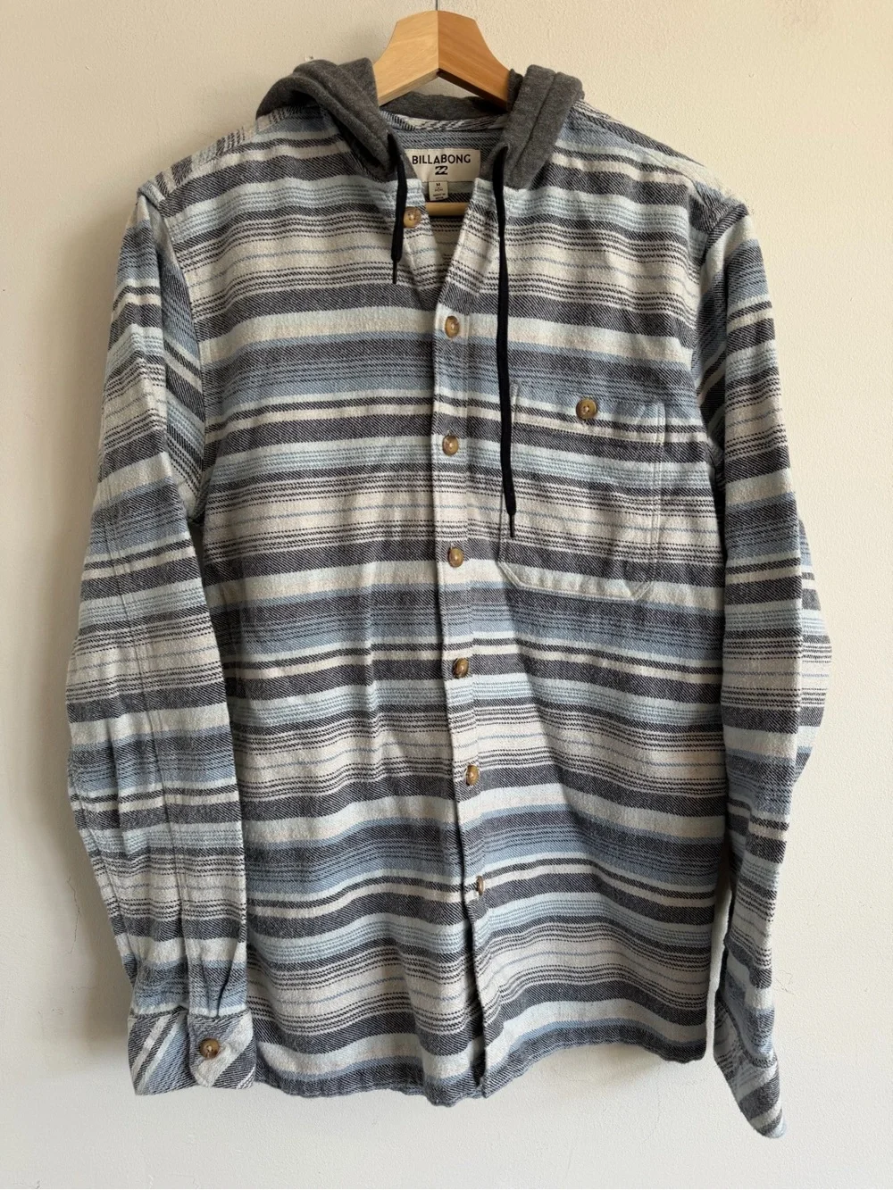 Billabong Striped Hooded Button-Up in Blue & Gray